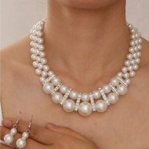 Bridal Wedding Jewelry Crystal Rhinestone Gorgeous Pearl Necklace J523 Silver